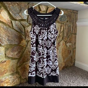 Brown and white dress -crochet neckline